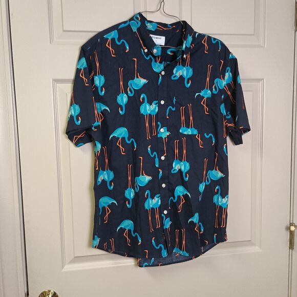 Old Navy Mens Shirt Size L Long Sleeve Button Down Navy Blue Flamingo Cott Blend - Picture 1 of 5